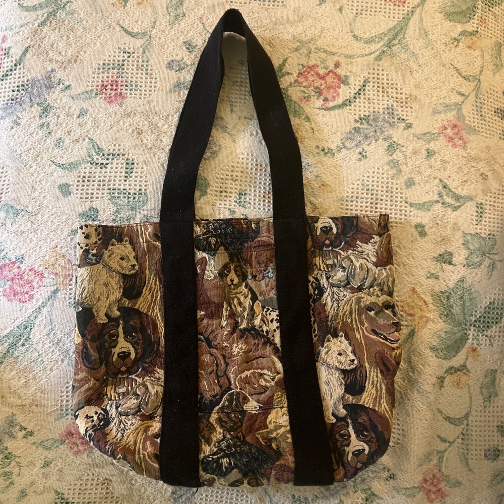 Vintage Tapestry Dog Breed Collage Tote Bag Woven Canvas Shoulder Bag Brown